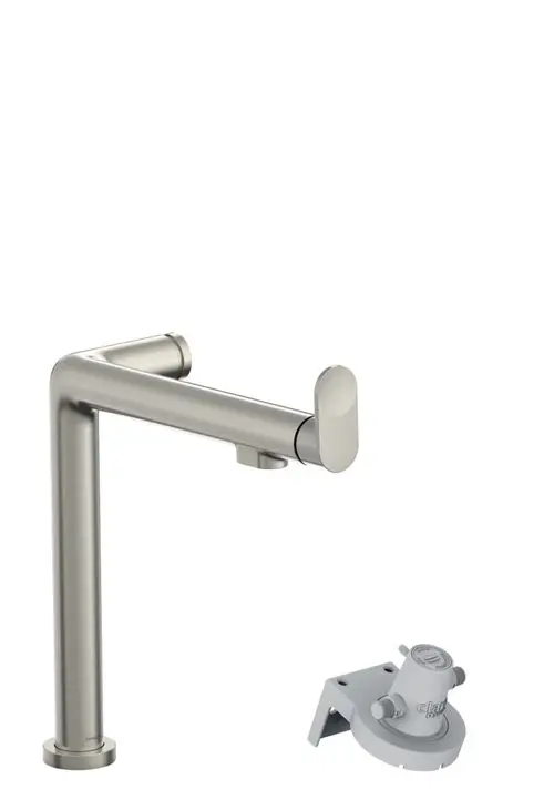 Edelstahl-Wasserhahn mit einem Hebel und einem integrierten Filtersystem, präsentiert von Hansgrohe, eignet sich für moderne Küchenanwendungen.